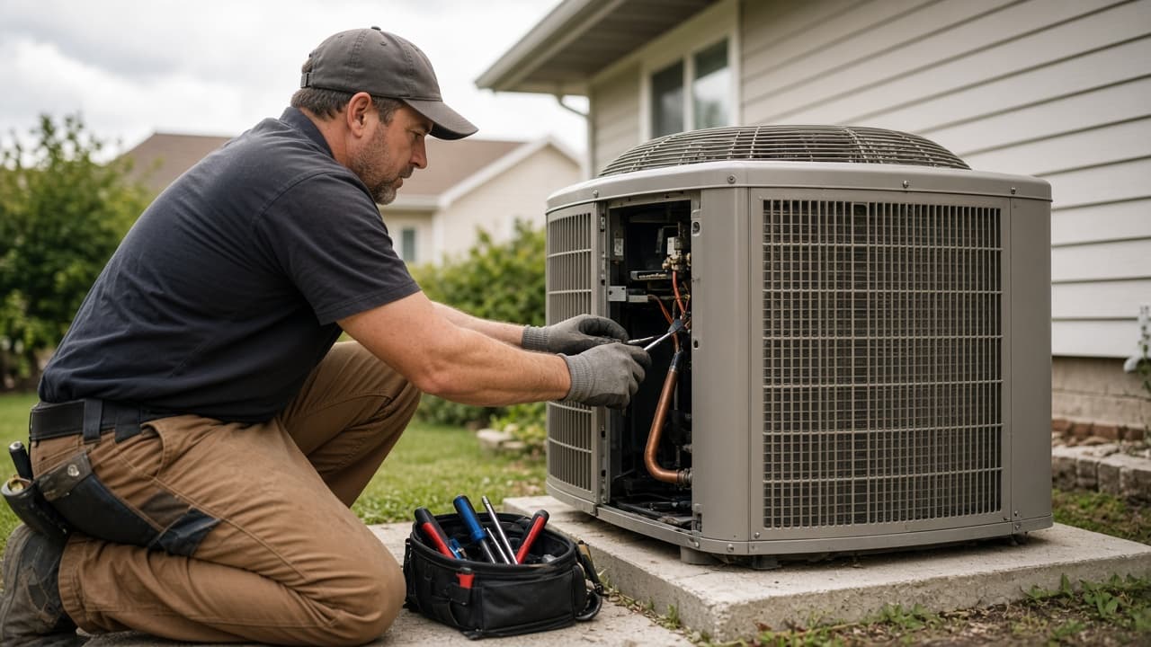 Field technician servicing residential HVAC equipment